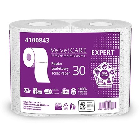 Papier Toaletowy Celuloza, 3 Warstwy, Biały, 30M - 270 Listków (4Szt) Velvet Professional Expert 4100835/4100843