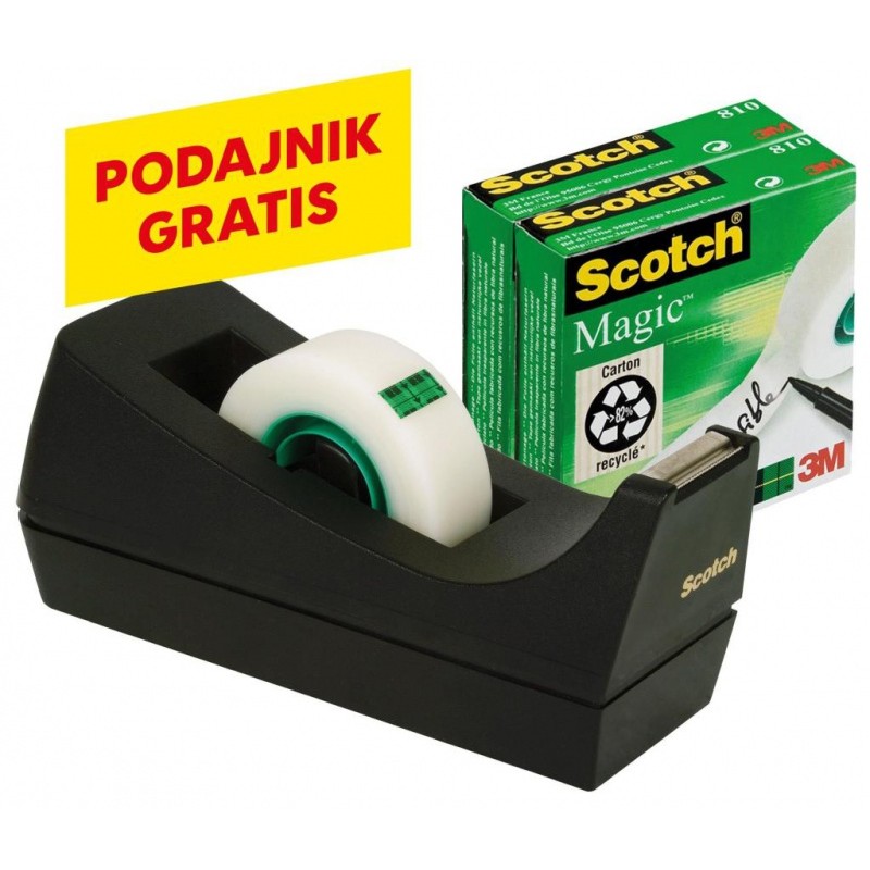 Taśma Biurowa Scotch_ Magic_ (Sm3-12), Matowa, Z Dyspenserem, 19Mm, 33M, 3Szt., Podajnik C-38 Czarny Gratis