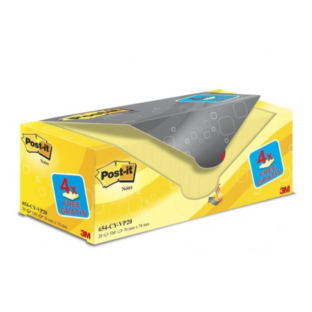 Bloczek Samoprzylepny Post-It (654Cy-Vp20), 76X76Mm, (16+4)X100 Kart., Żółte, 4 Bloczki Gratis
