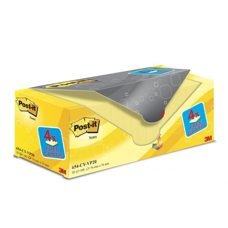 Bloczek Samoprzylepny Post-It (654Cy-Vp20), 76X76Mm, (16+4)X100 Kart., Żółte, 4 Bloczki Gratis