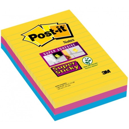 Bloczek Samoprzylepny Post-It_ Super Sticky W Linie (4690-Ss3Rio-Eu), 101X152Mm, 3X90 Kart., Paleta Rio De Janeiro