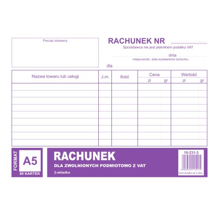 Rachunek Dla Zwolnionych Podmiotowo Z Vat A5, 80 Kartek (1+1) 10-231-3 Dotts