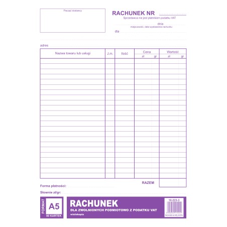 Rachunek Dla Zwolnionych Podmiotowo Z Vat A5, 80 Kartek Wielokopia, 10-223-3 Dotts