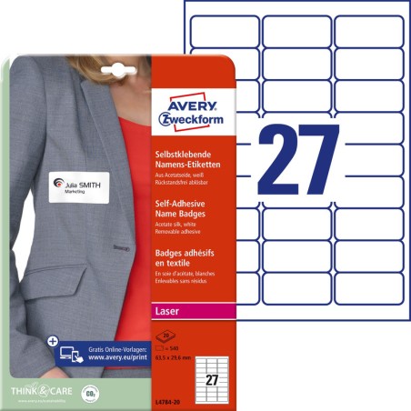 Identyfikatory Samoprzylepne Avery A4 63.5X29.6Mm Białe (27X20)