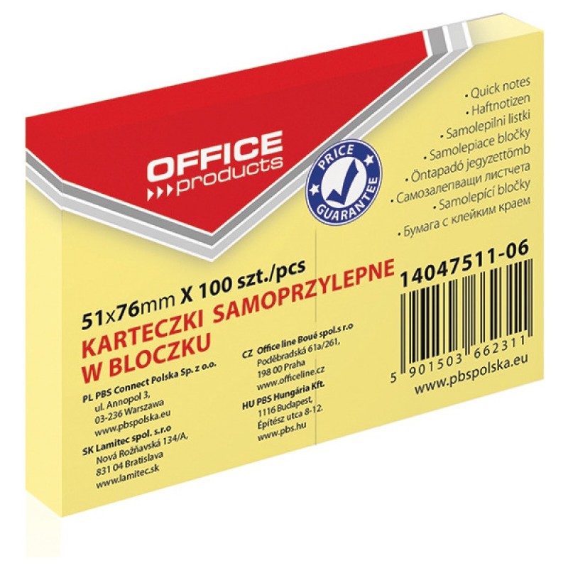 Karteczki Office Products 51X76Mm Żółte (100)