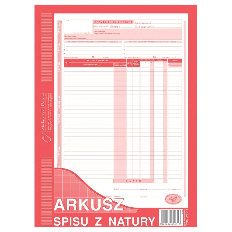 Arkusz Spisu Z Natury A4 (O+1K)