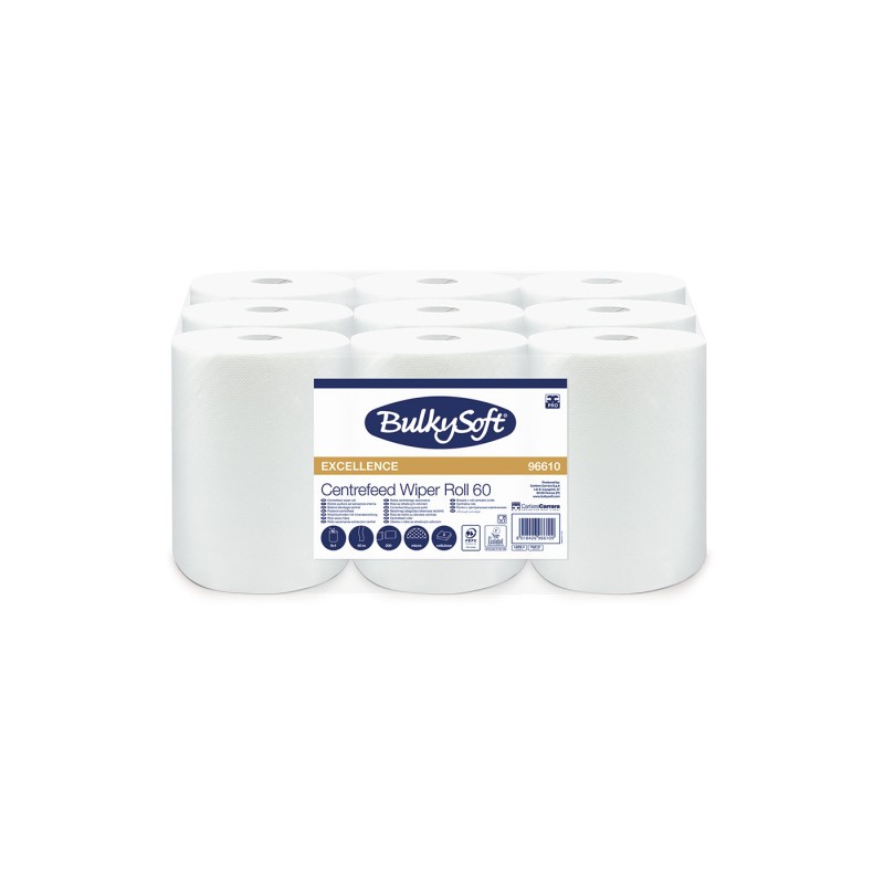 Ręcznik W Roli Mini Centralnego Dozowania (9Rolek) Biały, Celuloza, 2W, 60M, Premium, 96610 Bulkysoft