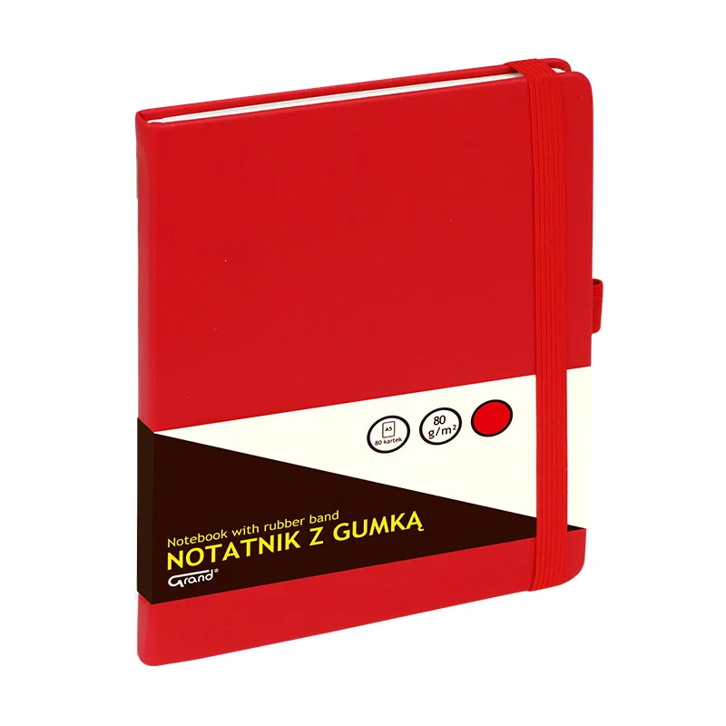 Notatnik Grand Z Gumką A5/80 Kartek, 80G/Kratka, Okładka Czerwona, 150-1382