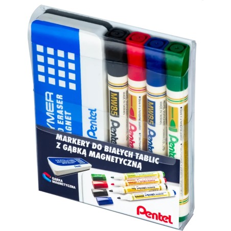 Marker Suchościeralny Do Białych Tablic Pentel Komplet 4Szt W Etui + Gąbka Mw85-St4Abcdpl