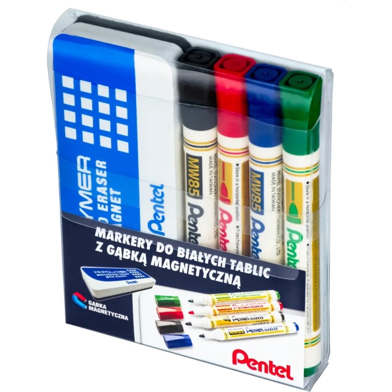 Marker Suchościeralny Do Białych Tablic Pentel Komplet 4Szt W Etui + Gąbka Mw85-St4Abcdpl