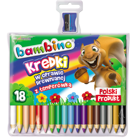 Kredki Trójkątne Bambino 18 Kolorów+Temperówka W Oprawie Drewnianej
