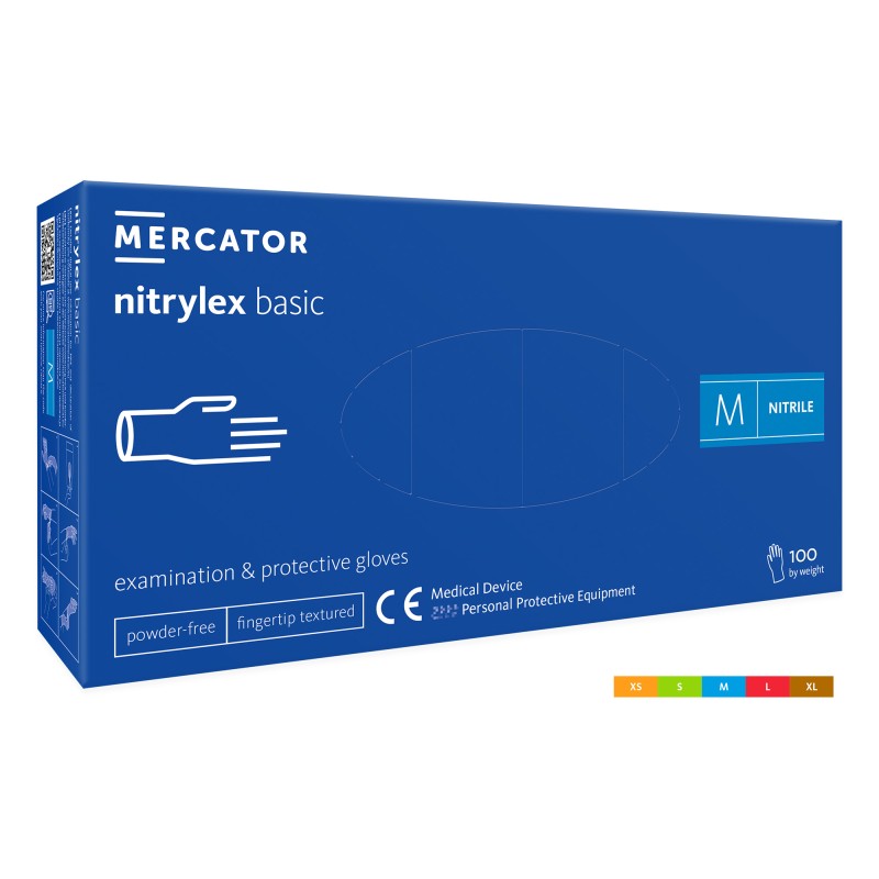 Rękawice Nitrylowe Bezpudrowe Diagnostyczne Mercator, Nitrylex Basic, (100 Szt.), Rozmiar M, Niebieskie