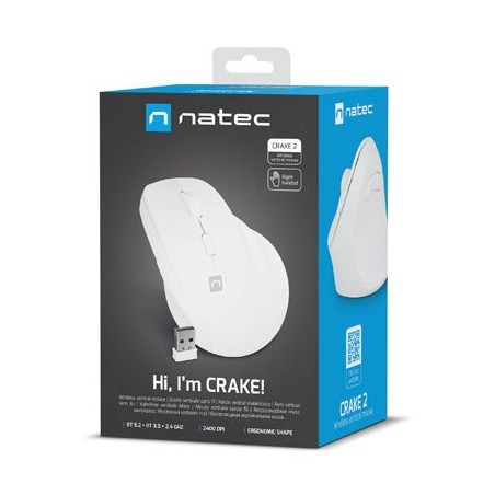 Natec Mysz Wertykalna Crake 2 Bezprzewodowa 2400Dpi Bt 5.2 +2.4Ghz Biała