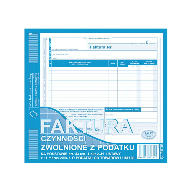 Faktura Czynności Zwolnione Z Podatku 2/3 A4