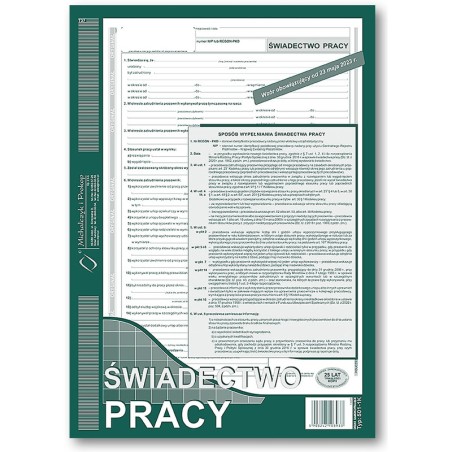 Świadectwo Pracy A4 (O+1K)