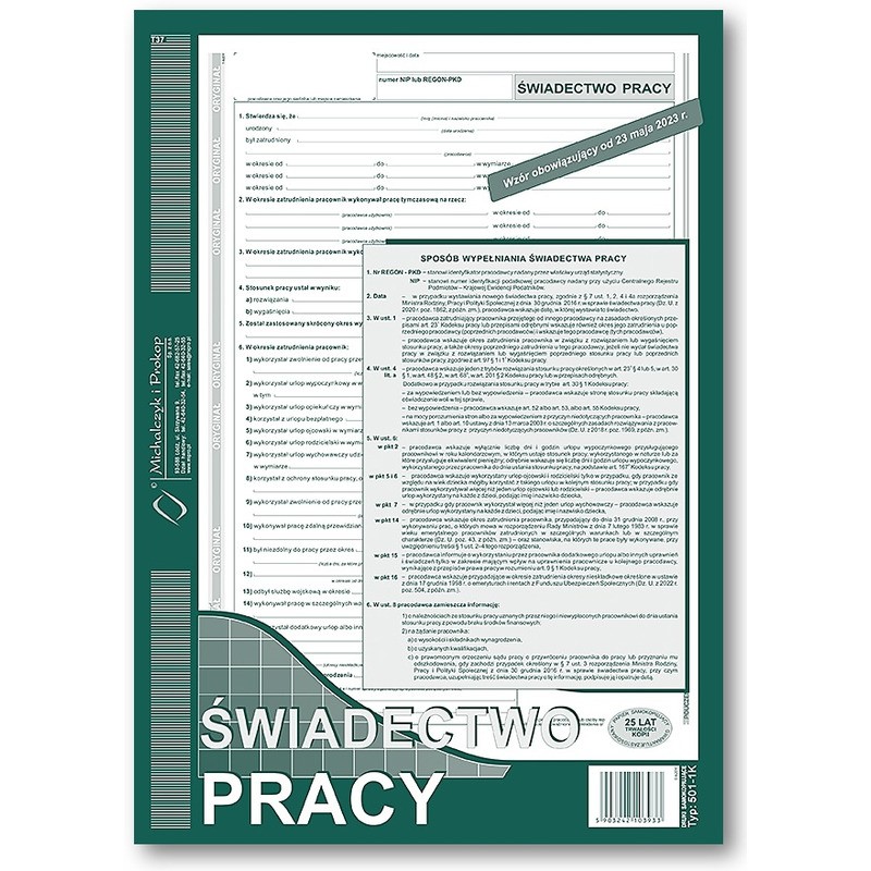 Świadectwo Pracy A4 (O+1K)