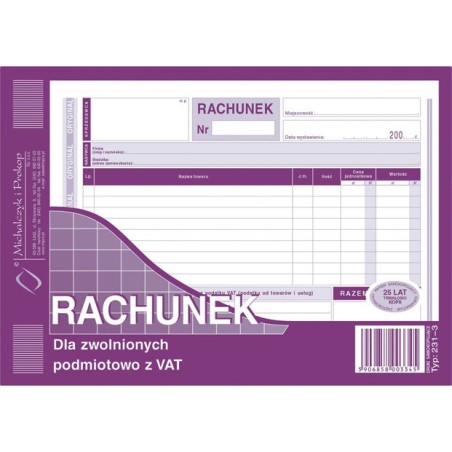 Rachunek Dla Zwolnionych Z Vat A5 (O+1K)