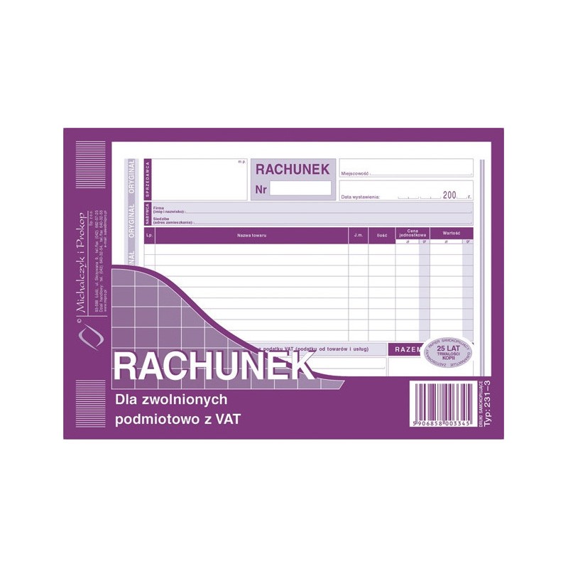 Rachunek Dla Zwolnionych Z Vat A5 (O+1K)