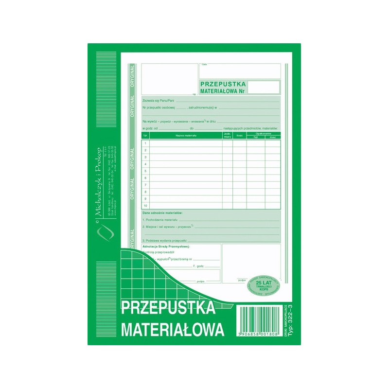 Przepustka Materiałowa A5 (O+1K)