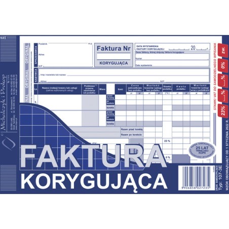 Faktura Korygująca Vat A5 (O+1K)
