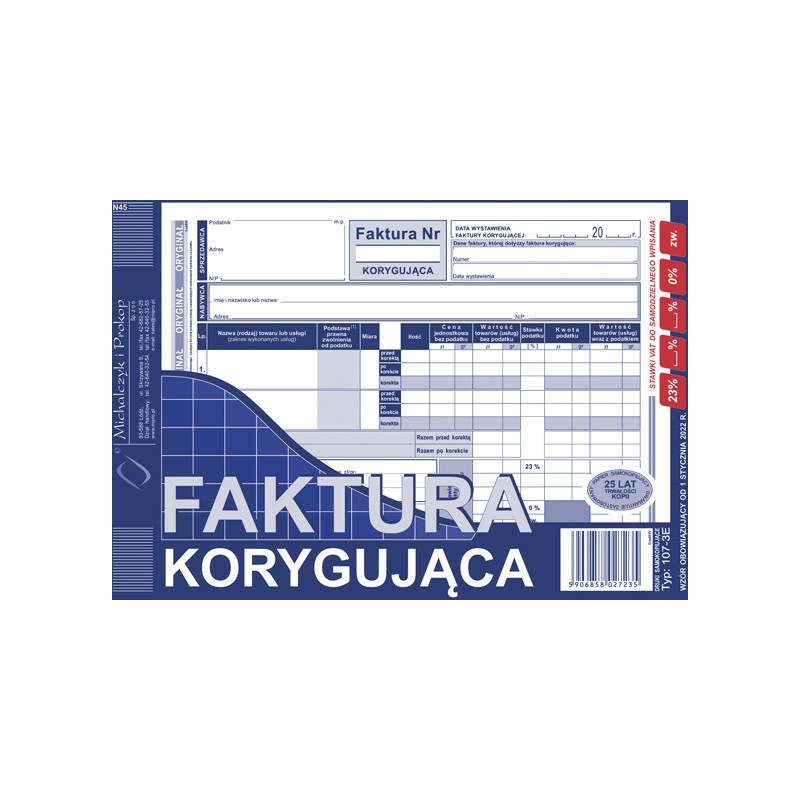 Faktura Korygująca Vat A5 (O+1K)