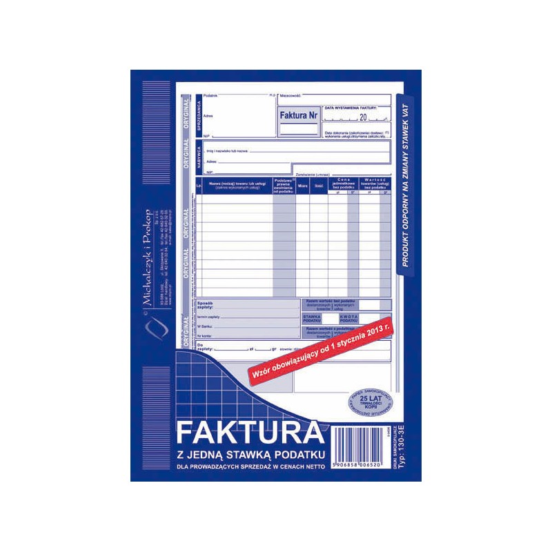 Faktura (1 Stawka Vat) A5 (O+1K)