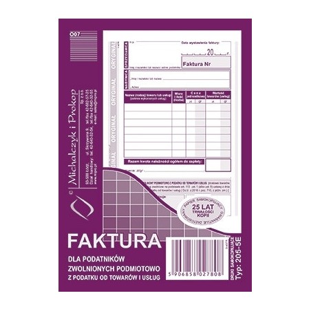 205-5E Faktura Dla Podatników Zwolnionych Z Vat A6 (O+1K) Michalczyk