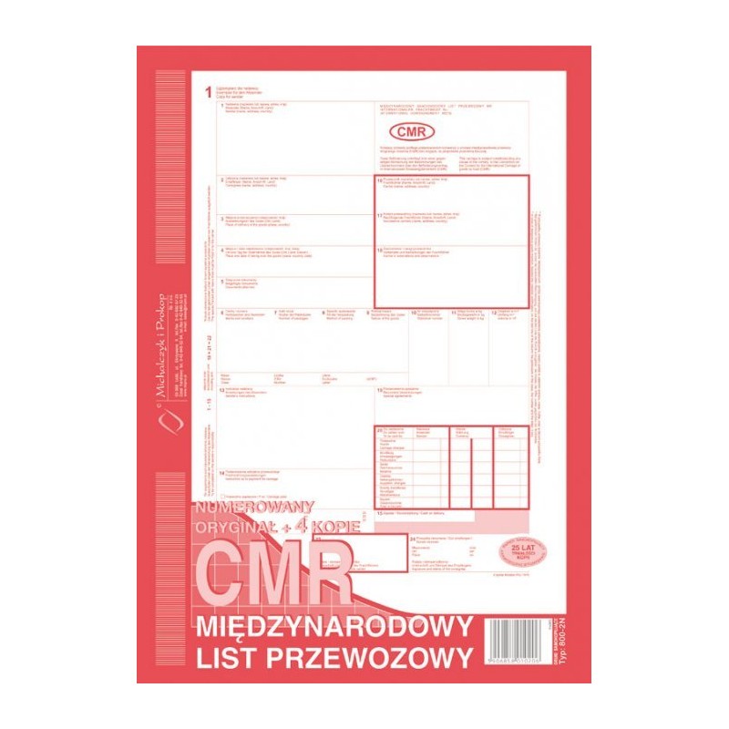 800-2N Cmr A4 80Kartek 1+4 Numerowany Międzynarodowy List Przewozowy M&P