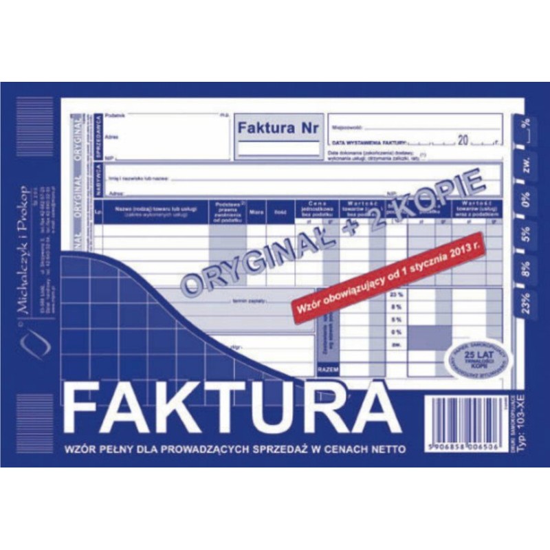 103-Xe Faktura Vat A5 80Kartek Oryginał + 2Kopie  Michalczyk I Prokop