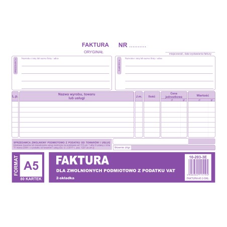 Faktura Dla Podatników Zwolnionych Z Vat A5, (O+1K) 80 Kartek, 10-203-3E Dotts