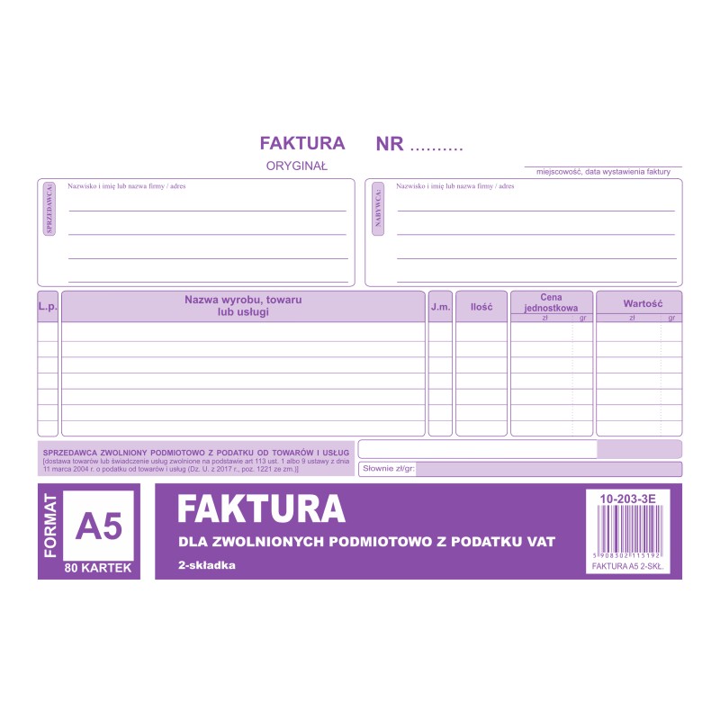 Faktura Dla Podatników Zwolnionych Z Vat A5, (O+1K) 80 Kartek, 10-203-3E Dotts