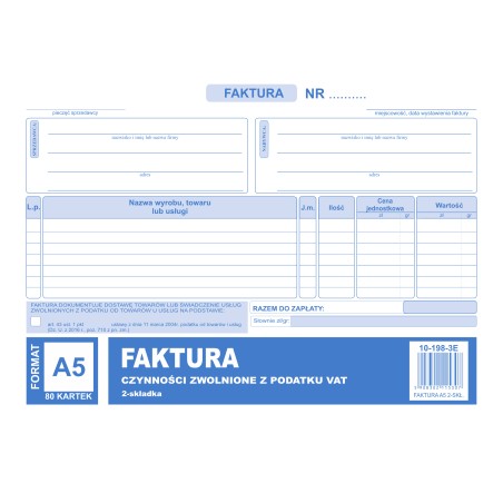 Faktura Czynności Zwolnione Z Podatku A5, 80 Kartek (1+1), 10-198-3E Dotts