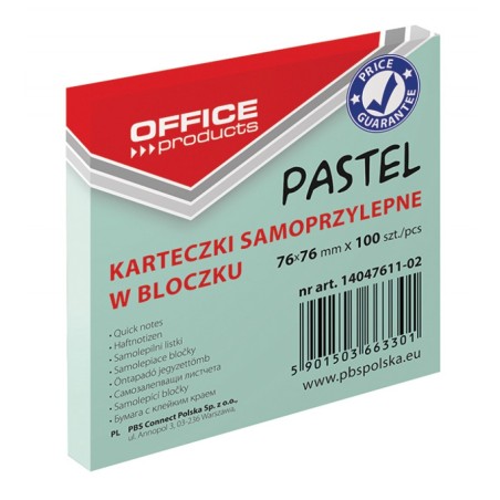 Bloczek Samoprzylepny , 76X76Mm, 1X100 Kart., Pastel, Zielony, Typu Office Products 14047611-02