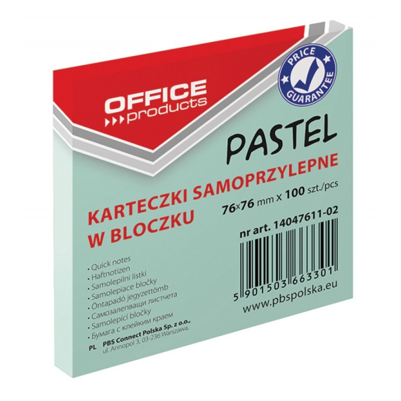 Bloczek Samoprzylepny , 76X76Mm, 1X100 Kart., Pastel, Zielony, Typu Office Products 14047611-02