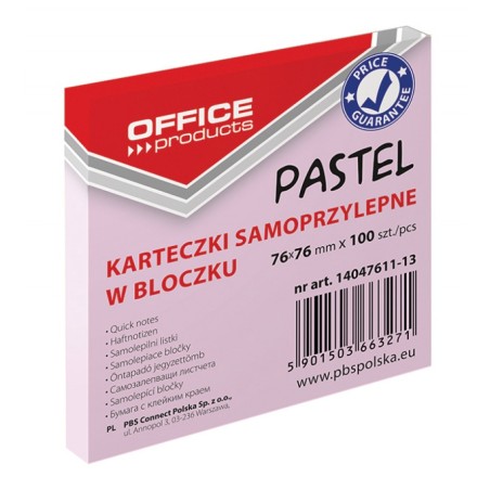 Bloczek Samoprzylepny , 76X76Mm, 1X100 Kart., Pastel, Różowy, Typu Office Products 14047611-13
