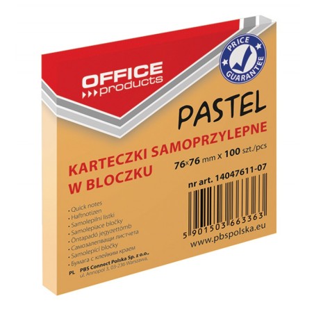 Bloczek Samoprzylepny , 76X76Mm, 1X100 Kart., Pastel, Pomarańczowy, Typu Office Products 14047611-07