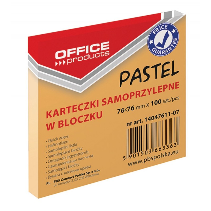 Bloczek Samoprzylepny , 76X76Mm, 1X100 Kart., Pastel, Pomarańczowy, Typu Office Products 14047611-07