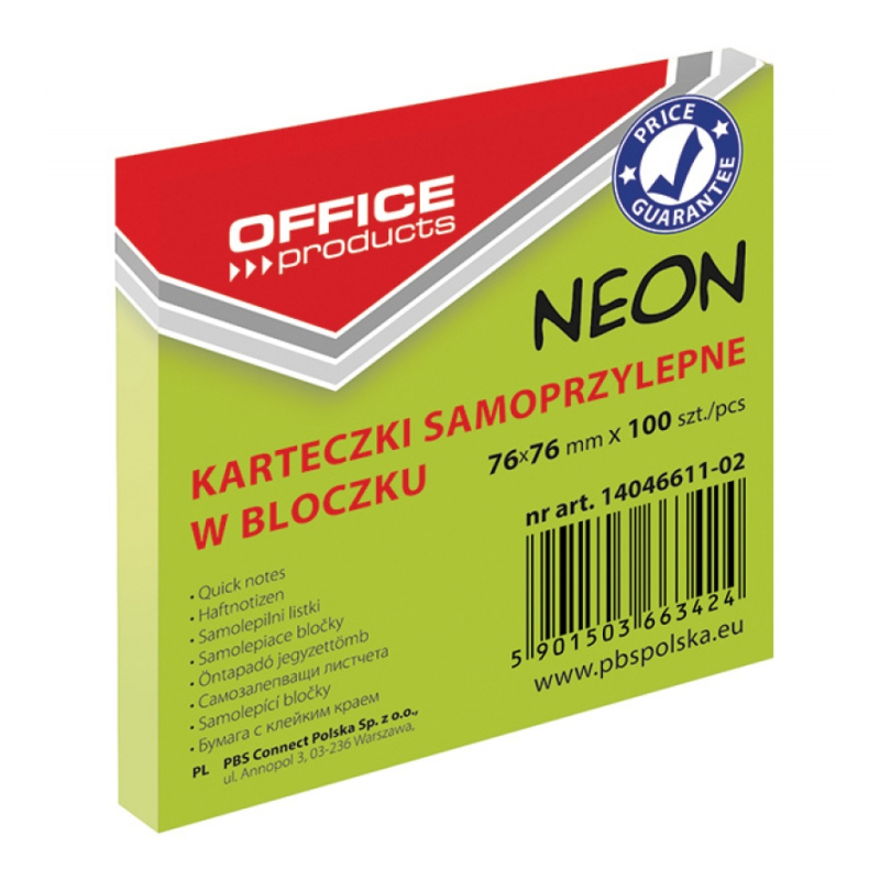 Bloczek Samoprzylepny 76X76 100K Neon Zielony 14046611-02