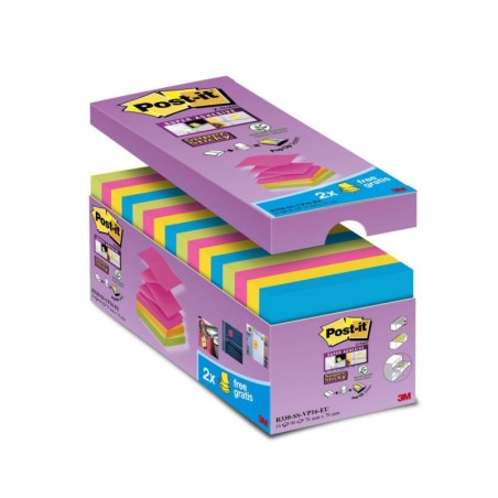 Bloczek Samoprzylepny Post-It Super Sticky Z-Notes (R330-Ss-Vp16), 76X76Mm, 14X90 Kart., Mix Kolorów, 2 Bloczki Gratis