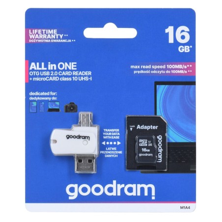Karta Pamięci Z Adapterem I Czytnikiem Kart Goodram All In One M1A4-0160R12 (16Gb  Class 10  Adapter, Czytnik Kart Microsdhc, Ka