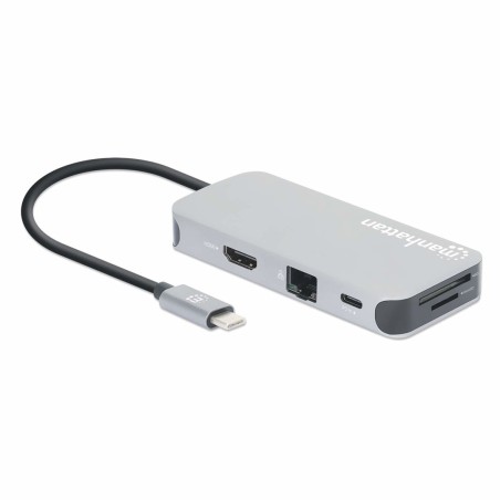 Stacja Dokująca Manhattan Usb-C 8 W 1 Z Zasilaniem Usb 3.2 Gen 1 Type-C Męski Na Żeński Hdmi, Trzy Porty Usb-A, Gigabitowy Port