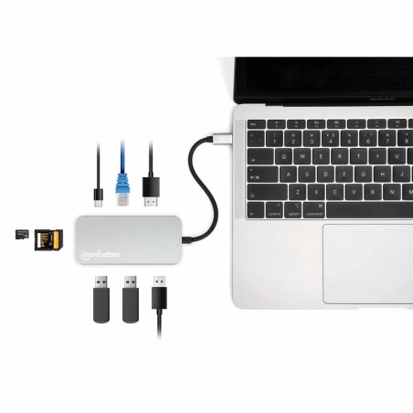 Stacja Dokująca Manhattan Usb-C 8 W 1 Z Zasilaniem Usb 3.2 Gen 1 Type-C Męski Na Żeński Hdmi, Trzy Porty Usb-A, Gigabitowy Port