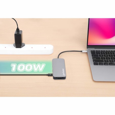 Stacja Dokująca Manhattan Usb-C 8 W 1 Z Zasilaniem Usb 3.2 Gen 1 Type-C Męski Na Żeński Hdmi, Trzy Porty Usb-A, Gigabitowy Port