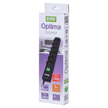 Listwa Przeciwprzepięciowa Ever Optima 5,0M (6 X Ute  10 A  Kolor Czarny) (T/Lz08-Opt050/0000)
