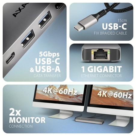 Hub Usb Axagon Hmc-7Hx2 Usb 3.2 Gen 1 (3.1 Gen 1) Type-C Szary