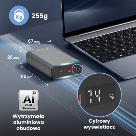 Extralink Powerbank Epb-126 20000Mah Srebrny Power Bank, 45W Pd, Usb-C