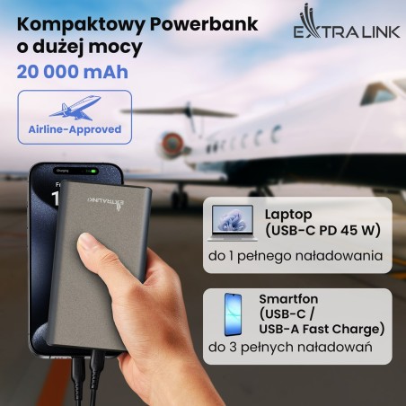 Extralink Powerbank Epb-126 20000Mah Srebrny Power Bank, 45W Pd, Usb-C