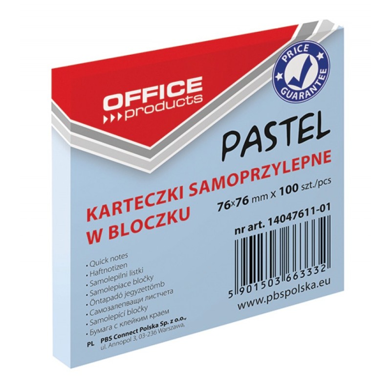 Bloczek Samoprzylepny , 76X76Mm, 1X100 Kart., Pastel, Niebieski, Typu Office Products 14047611-01