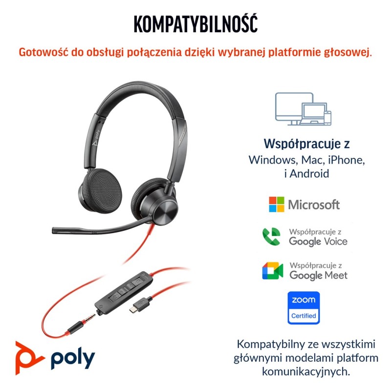 Słuchawki Poly Blackwire 3325 Stereo Ms Teams Certified Usb-C Headset +3.5Mm Plug +Usb-C/A Adapter 8X222Aa