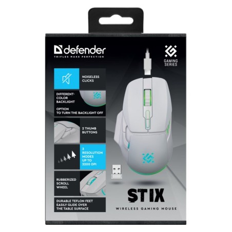 Defender Mysz Bezprzewodowa Stix Gm-009 Rf 3200Dpi 7P Biała 52009
